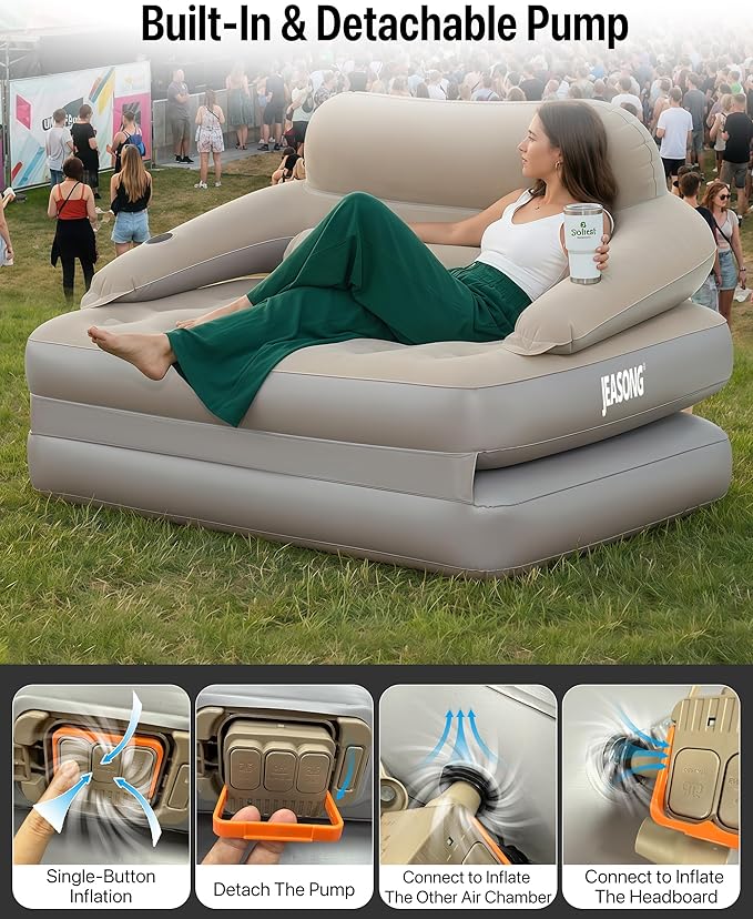 JEASONG Blow Up Couch Air Mattress Queen with Built in Pump, 2-in-1 Air Sofa & Inflatable Mattress, AirBed Blow Up Mattress with Headboard & Cupholder, Inflatable Couch for Camping, Movie Night, Guest