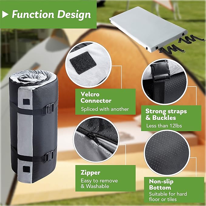 Memory Foam Camping Mattress 2.5 inch, Twin XL Portable Roll Up Camping Sleep Topper with Waterproof and Non-Slip Bottom, Camping Car Mat with Travel Bag, 79"×38"×2.5", Grey