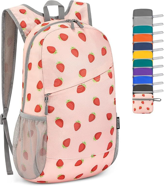 ZOMAKE Lightweight Packable Backpack,Foldable Backpacks Small Daypack for Hiking Water Resistant Day Bag for Travel(Strawberry print)