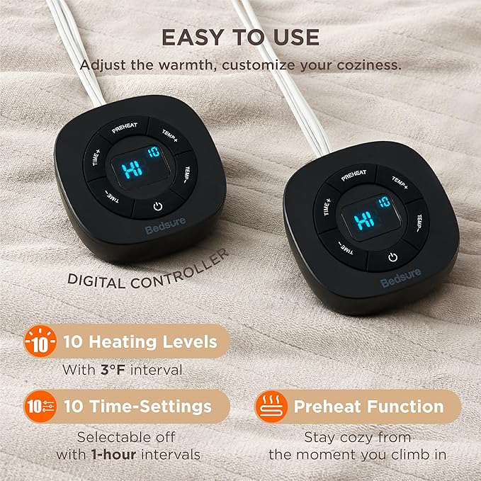 Bedsure Electric Blanket Queen Size - Dual Control Heated Blanket Queen, Fast Heating with 10 Time Settings & 10 Heat Settings, Warm Gift for Grandma (84x90 inches, Cream)