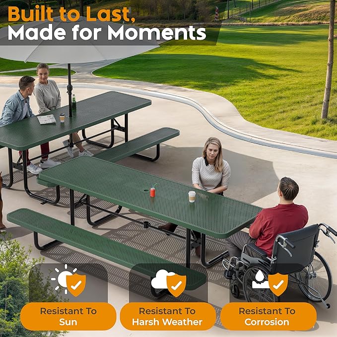 Metal Picnic Furniture for Outdoors with Umbrella Hole - Coated Steel Heavy Duty Commercial Grade Table with Adjustable Seats, Patio Set for a Lifetime (Green, 8' Rectangular, Punched Steel)