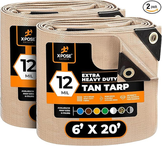 Heavy Duty Tan Poly Tarp 6' X 20' (2-Pack) - Multipurpose Protective Cover - Durable, Waterproof, Weather Proof, Rip and Tear Resistant - Extra Thick 12 Mil Polyethylene - by Xpose Safety