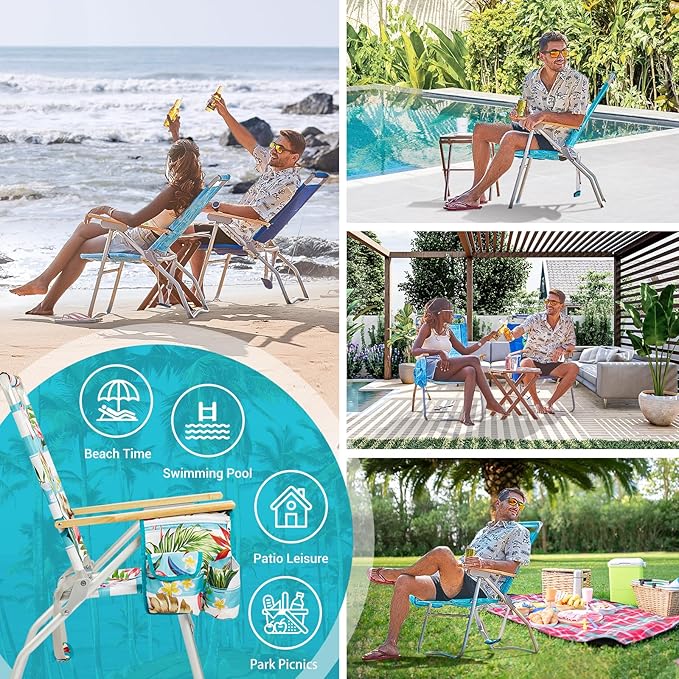 #WEJOY Folding Beach Chair for Adults, 4-Position Aluminum Lightweight Beach Chair, Low Sands Chairs with Shoulder Strap, Cup Holder and Padded Headrest, Supports 265lbs for Lawn