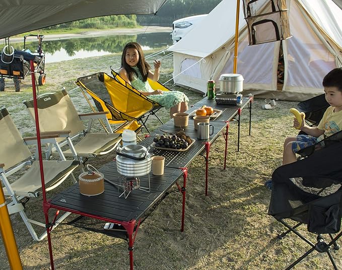 iClimb Extendable Folding Table Large Tabletop Area Ultralight Compact with Hollow Out Tabletop for Camping Backpacking Beach Concert BBQ Party, Three Size (Black - S + Hanger)