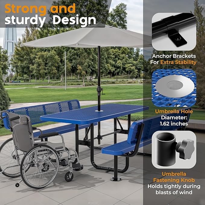 Metal Picnic Furniture for Outdoors with Umbrella Hole - Coated Steel Heavy Duty Commercial Grade Table with Adjustable Seats, Patio Set for a Lifetime (Blue, 6' Rectangular with Back)