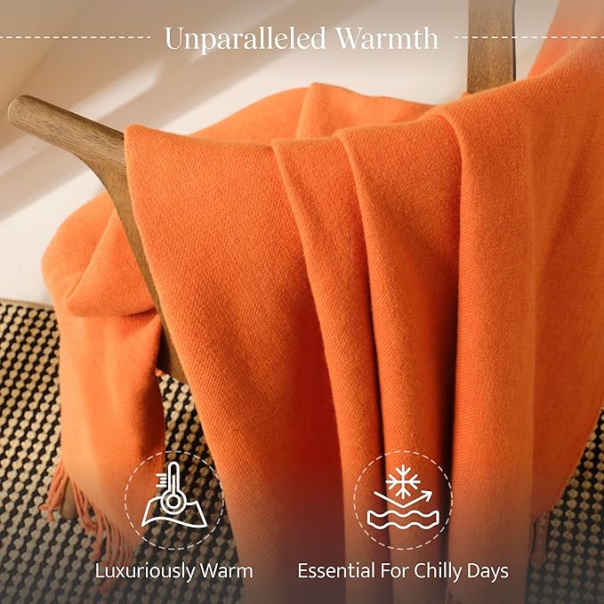 Double Stitch Cashmere Cotton Throw Blanket, 5% Mongolian Cashmere & 95% BCI Cotton Blend Blankets, Fall Elegant Blanket with Fringes, Cozy Warm Blanket for Couch Bed, Orange, 50x60 inches