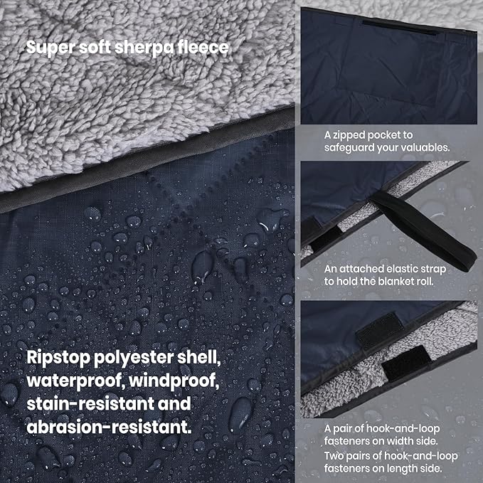 Outdoor/Indoor Sherpa Blanket, Oversized Waterproof Stadium Blanket for Cold Weather. Warm, Soft, Portable, Great for Stadium, Sports Events, Camping, Indoor - 82x56in., Royal Blue