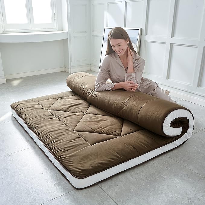 Japanese Floor Futon Mattress - Thicken Sleeping Pad, Foldable & Portable Roll Up Camping Mattress, Coffee Twin