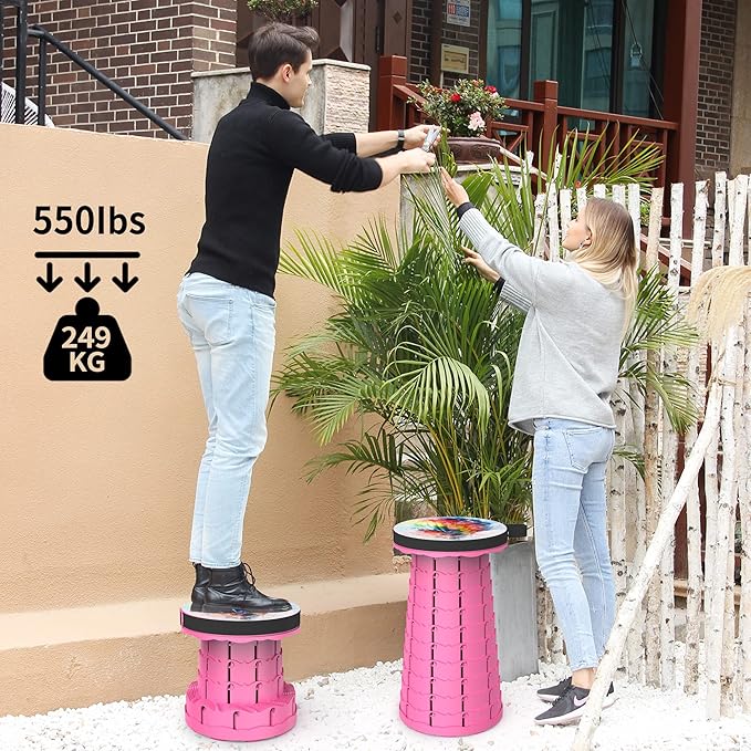 ALEVMOOM Upgraded Telescoping Collapsible Stool with Cushion, Folding Stool with Printing Portable Retractable Foldable Seat Max Load 550lbs for Adults Camping Fishing Outdoor