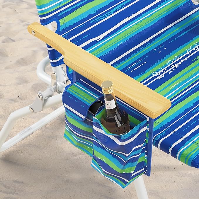Tall Beach Chairs for Adults, 17" High Backpack Beach Chair with Wooden Armrests, 5 Positions Reclining Heavy Duty Chair with Large Cooler Pouch, Support to 350LBS Striped Blue&Green,1pack