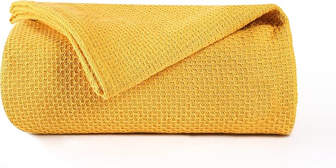 BOUTIQUO 100% Cotton Bed Blanket, Breathable Thermal Blanket Twin Size, Soft Honeycomb Waffle Blanket 60"x90", Cotton Bed Blanket, Perfect for Layering Any Bed for All Season, Mustard Yellow