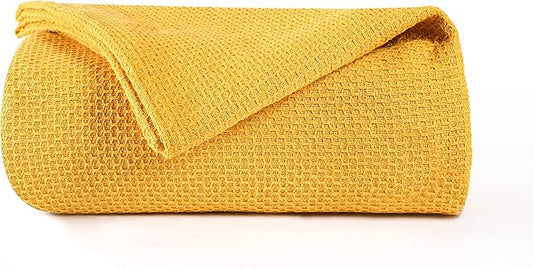 BOUTIQUO 100% Cotton Bed Blanket, Breathable Thermal Blanket Twin Size, Soft Honeycomb Waffle Blanket 60"x90", Cotton Bed Blanket, Perfect for Layering Any Bed for All Season, Mustard Yellow