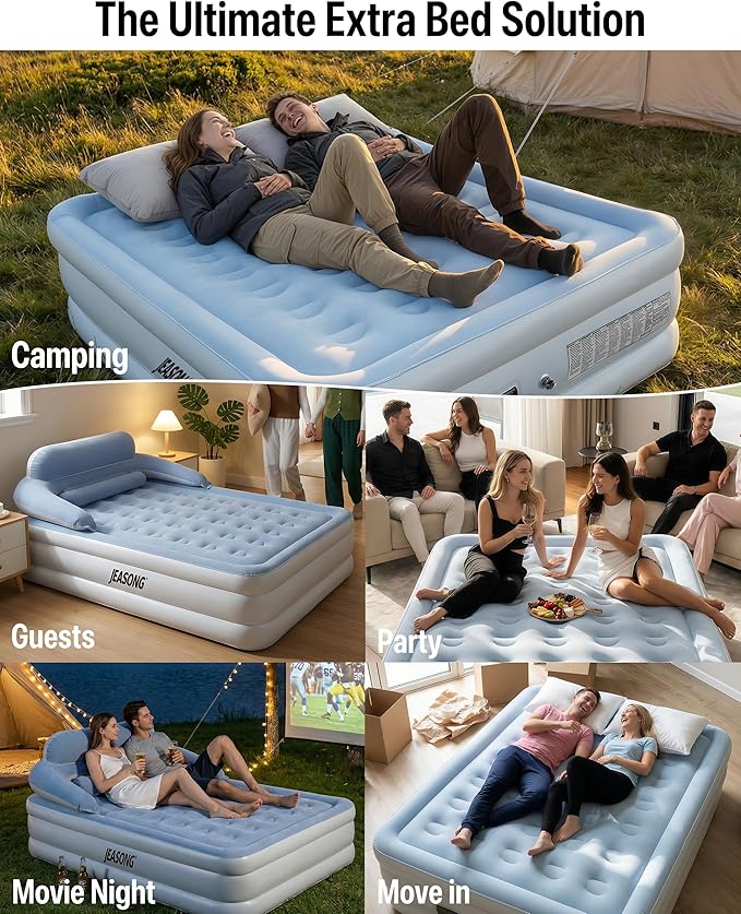 JEASONG Air Mattress Queen with Built in Pump, 20" Raised Blow Up Mattress, Cordless Inflatable Mattress, Air Bed with Headboard, Inflatable Bed Portable Airbed for Camping, Guest, and Home, 700 lbs