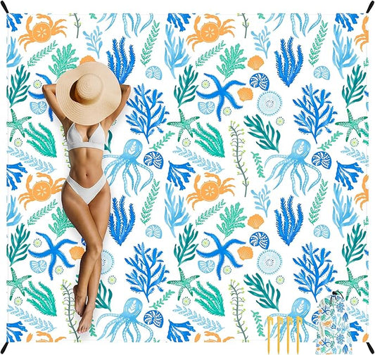 Beach Blanket, Waterproof Sandproof Beach Mat with 4 Stakes & 4 Pockets, 78''×86'' Large Compact Lightweight Sand Free Outdoor Essentials for Beach, Picnic, Travel, Camping