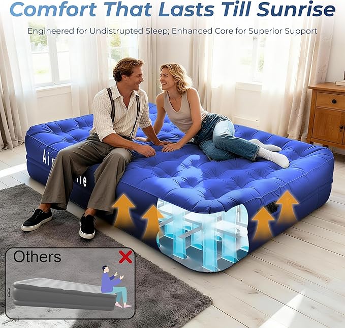 Air Mattress Queen with Built-in Pump - 3 Min Fast Inflation/Deflation Wireless Rechargeable Pump, Portable Camping Air Bed, Cooling Pongee Fabric Blow Up Mattress, (18" Indigo)
