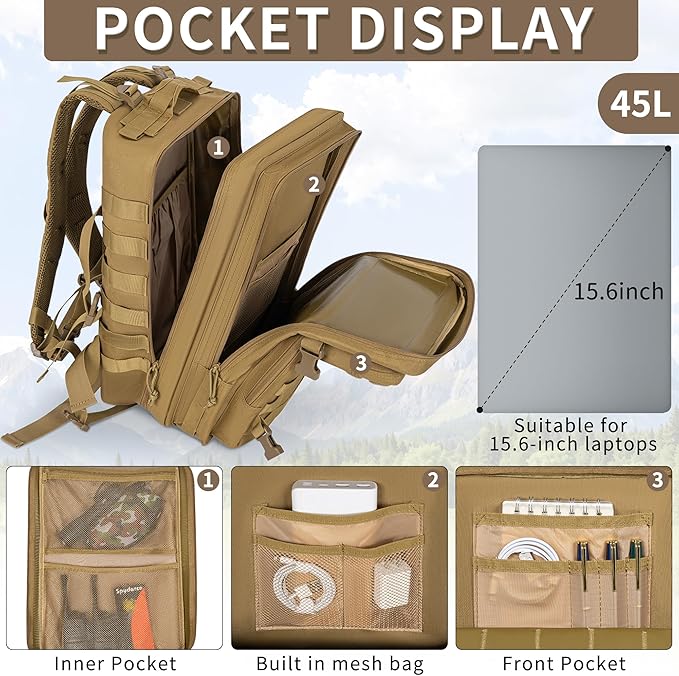 45L Military Tactical Backpack for Men, Large Molle Backpacks Outdoor Tactical Bag for Hiking Camping Travel (Khaki)