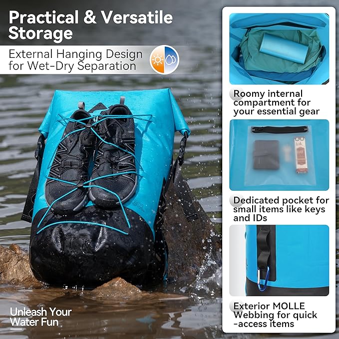 MARCHWAY Floating Roll Top Dry Bag, Flexible Lightweight TPU Waterproof Backpack 20L/30L/40L with Padded Straps for Boating, Kayaking, Swimming, Hiking, Beach (Blue, 20L)