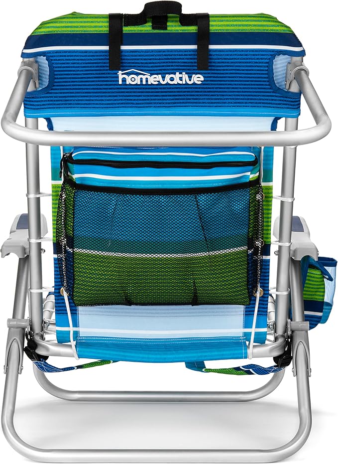 Homevative Cooler+ Folding Backpack Beach Chair with 5 Positions, Towel bar, XL Cooler Pouch, Storage Net, Cup and Phone Holder, Deep Sea, 2 Pack