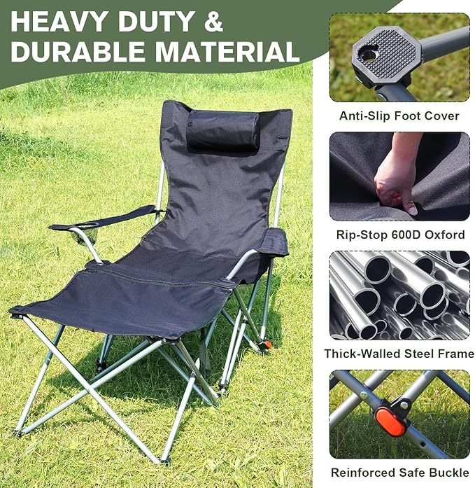 Portable Camping Chair with Footrest Folding Lounge Chair, Reclining Chair for Outside with Cup Holder, Side Pocket and Pillow, Heavy Duty Collapsible Chair for Sports,Outdoors & Lawns