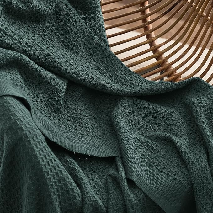 Bedsure Gentlesoft 100% Cotton Blanket Queen Size for Bed - Breathable and Soft, Waffle Weave Blanket for Summer, Thick Cozy Fall Blankets for Women Gift, Dark Green, 90x90 Inches