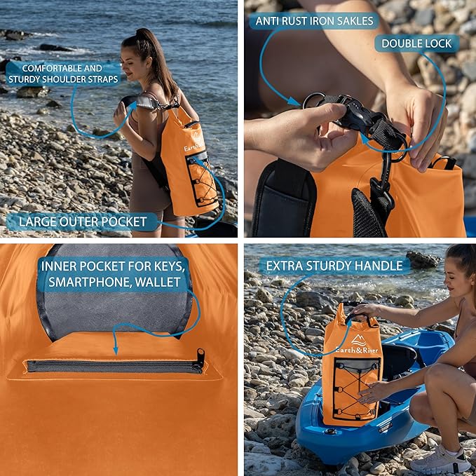 EARTH&RIVER Premium Dry Bag Backpack, Extra Thick, Protection for All Water Activities & Camping, Floating Lightweight Dry Bag with Inside Pocket Storage & IPX8 Waterproof Phone Case (Orange, 20L)