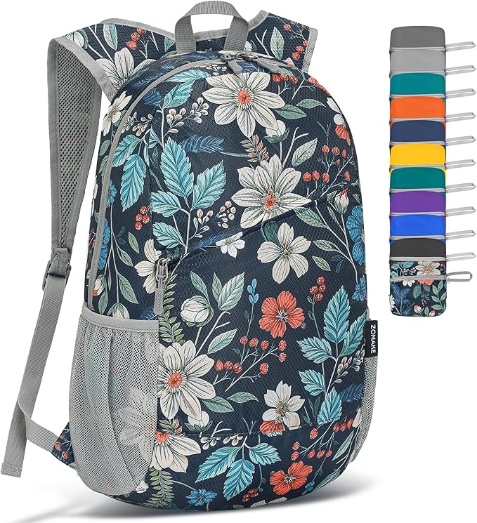 ZOMAKE Lightweight Packable Backpack,Foldable Backpacks Small Daypack for Hiking Water Resistant Day Bag for Travel(Navy blue,Floral pattern)
