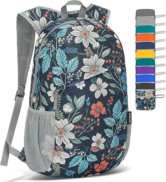 ZOMAKE Lightweight Packable Backpack,Foldable Backpacks Small Daypack for Hiking Water Resistant Day Bag for Travel(Navy blue,Floral pattern)