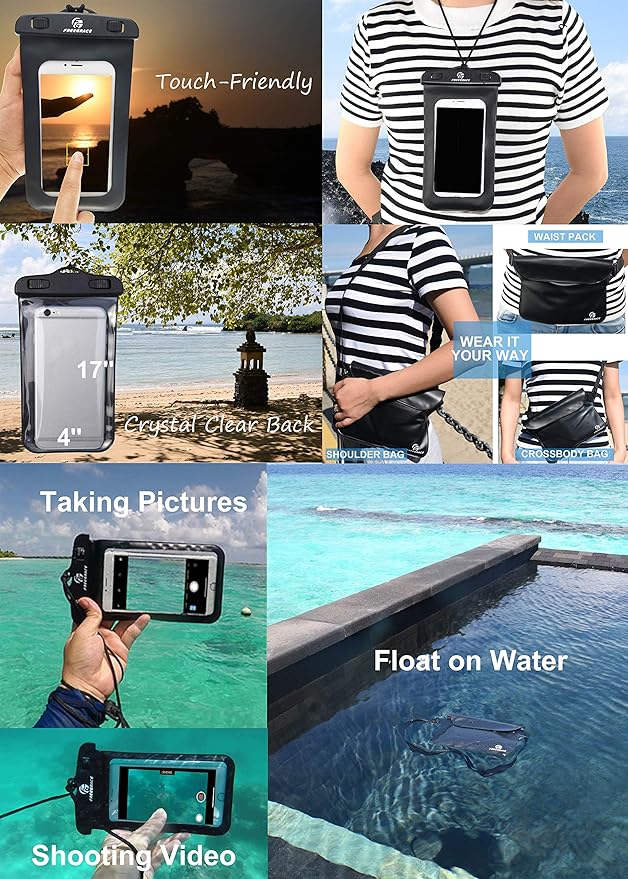 Freegrace Waterproof Dry Bags Set Of 3 Dry Bag With 2 Zip Lock Seals & Detachable Shoulder Strap, Waist Pouch & Phone Case - Can Be Submerged Into Water (Black, 20L)