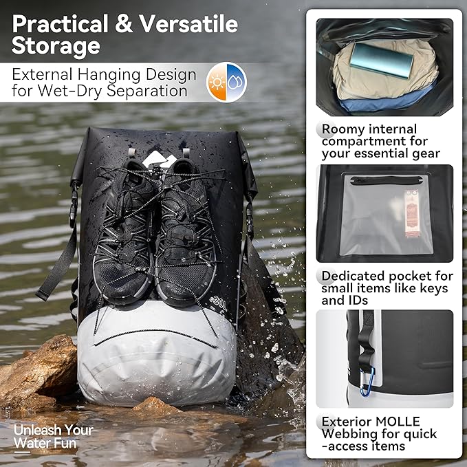 MARCHWAY Floating Roll Top Dry Bag, Flexible Lightweight TPU Waterproof Backpack 20L/30L/40L with Padded Straps for Boating, Kayaking, Swimming, Hiking, Beach (Black, 20L)