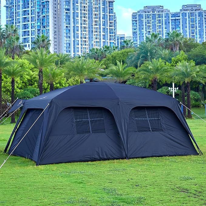KTT Extra Large Tent 12-14 Person,Family Cabin Tents,2 Rooms,Straight Wall,2 Doors 4 Windows with Mesh,Waterproof,Straight Wall,Big Tent for Outdoor,Picnic,Camping,Gathering(Brown)