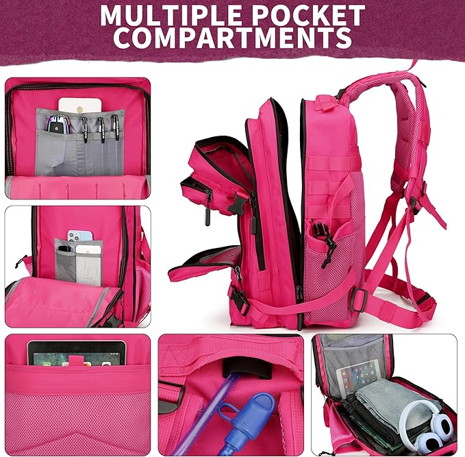45L Military Tactical Backpacks 3 Days Assault Pack Bag Fitness Rucksack 3 Day Bug Out Bag Hiking Treeking Molle Daypack (RoseRed&Black)