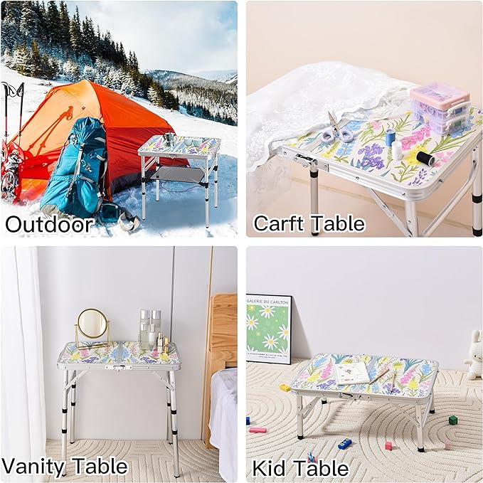 Folding Camping Table 2ft Portable Pinic Table Adjustable Height Small Card Table Aluminum Foldable Lightweight with Carry Handle for Outdoor Indoor Hiking Camp BBQ Beach (Blooming Floral)