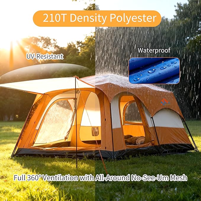 Large Family Standing Upright Camping Tent - 5-12 Persons Multi-Room Waterproof Tent with Screened Porch - Glamping Tent for Outdoor Camping & Family Vacation