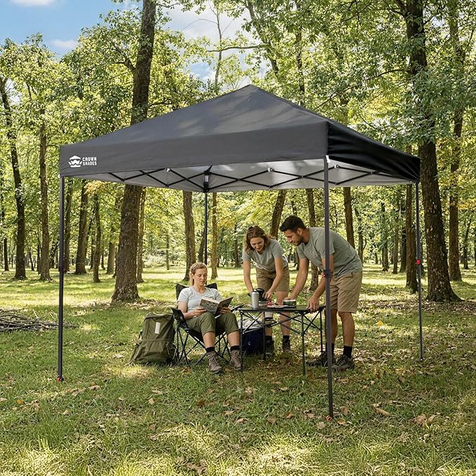 CROWN SHADES 8x8 Pop Up Canopy - Patented Center Lock One Push Instant Outdoor Canopy Beach Tent with STO-N-Go Bag 8 Stakes & 4 Sand Bags，Grid Grey