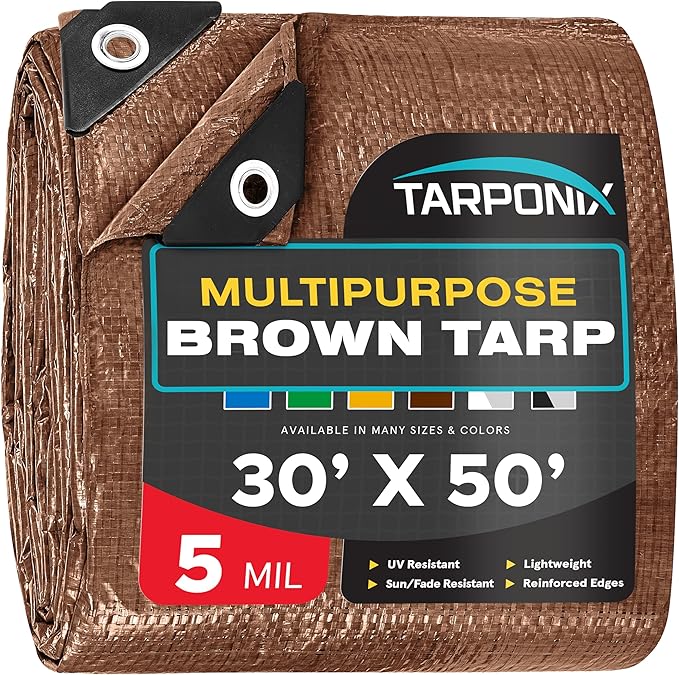 Brown Poly Tarp 30’ x 50’ – Lightweight 5 Mil Waterproof Cover – Durable, Weatherproof, Multipurpose Protection for Camping, Roofing, Construction