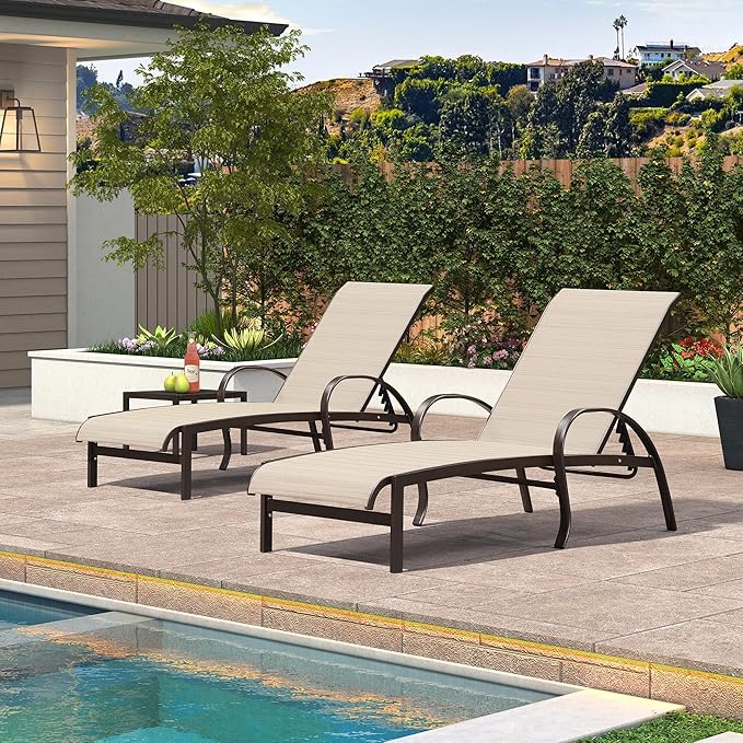 PURPLE LEAF Outdoor Chaise Lounge Chair Set of 3 Patio Pool Lounger Aluminum Chairs with Side Table Adjustable Tanning Recliner for Outside Yard Deck Lawn Garden Beach Light Khaki