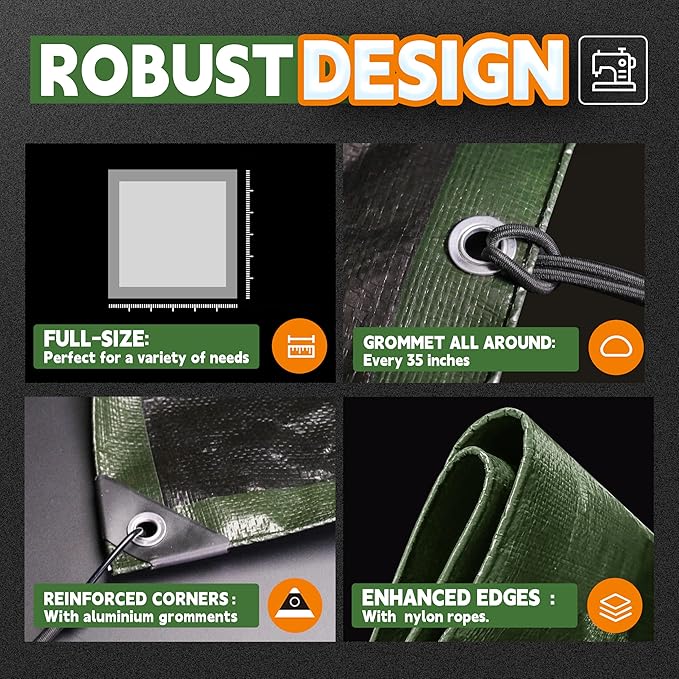 RAINDEWAY Tarps 8x10 Feet（5 Pack）,Tarp Waterproof,9Mil Thick Finished Size, Multipurpose Poly Tarp Cover with Metal Grommets and Reinforced Edges,Green/Black Tarpaulin