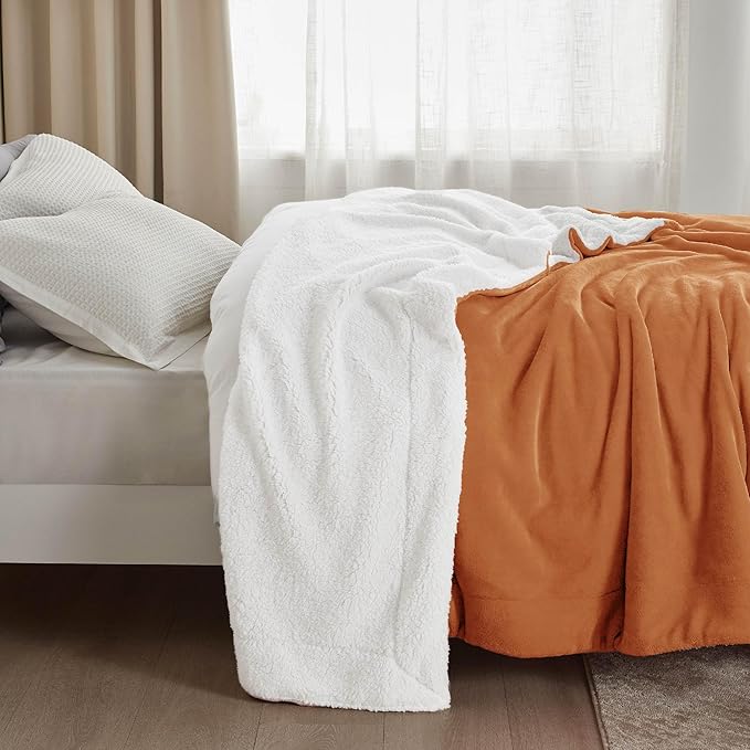 Bedsure GentleSoft Sherpa Fleece Blankets Queen Size for Bed - Thick and Warm, Soft Fuzzy Plush Queen Blanket for Winter, Burnt Orange, 90x90 Inches
