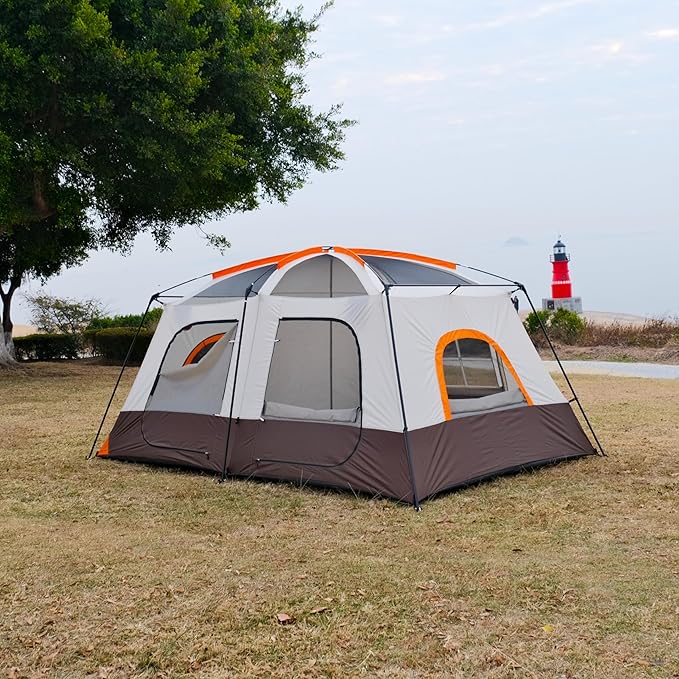 KTT Large Tent 6-8-10-12 Person,Family Cabin Tents,2 Rooms,2 Doors and 4 Windows with Mesh,Straight Wall,Waterproof,Double Layer,Big Tents for Outdoor,Picnic,Camping,Family Gathering
