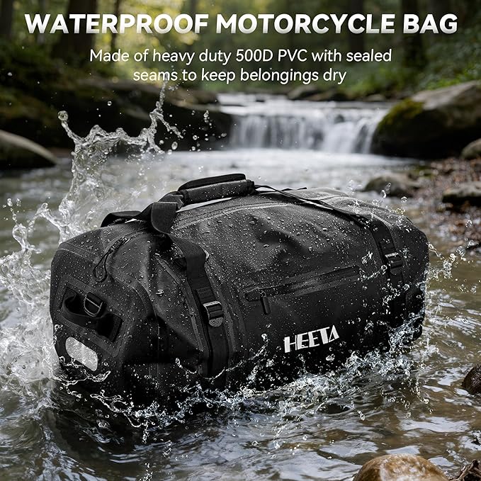 HEETA Waterproof Motorcycle Dry Bag, Waterproof Duffel Luggage Travel Bags with Zippered Closure & Pocket, Shoulder Straps, Large Space for Motorcycling Camping Commuting Boating (Black, 30L)