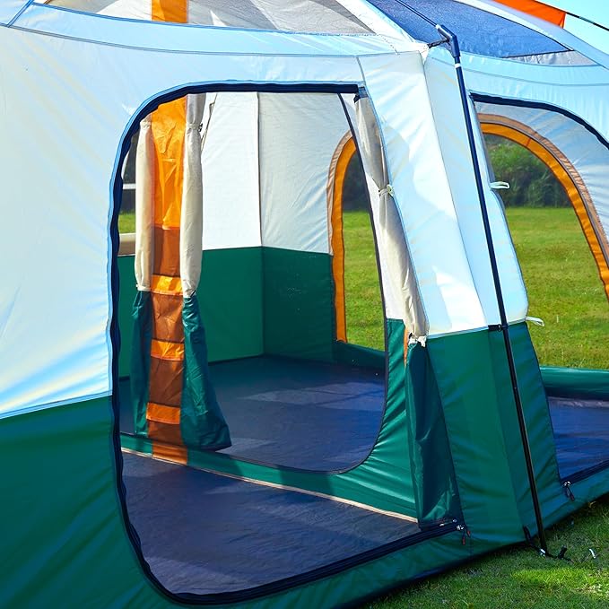 KTT Extra Large Tent 12-14 Person,Family Cabin Tents,2 Rooms,Straight Wall,2 Doors 4 Windows with Mesh,Waterproof,Straight Wall,Big Tent for Outdoor,Picnic,Camping,Gathering(Brown)