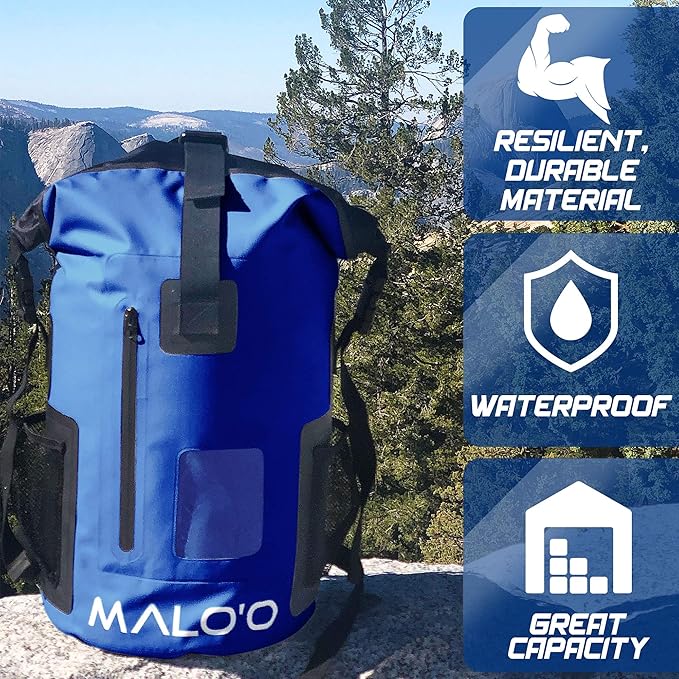 Malo’o DryPack 30L Waterproof Backpack, Roll-Top Dry Bag Backpack with Padded Straps, Floating Design for Beach, Kayaking, Fishing, Boating, Travel, and Water Sports, Dark Blue