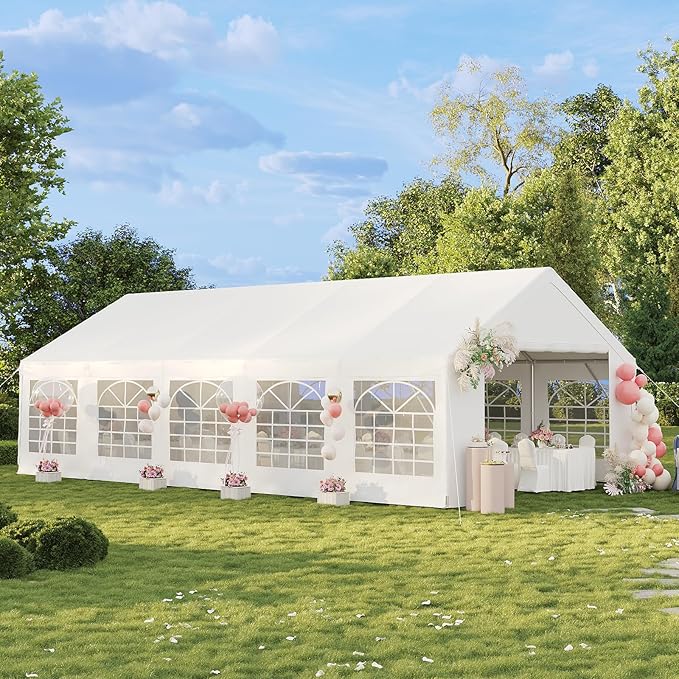 Aoxun 32x16 Party Tent Canopy for Weddings Waterproof Event Tent with Removable Sidewalls &Roll-up Door, Heavy-Duty Steel Frame for Outdoor Weddings, BBQ, Birthday Parties, & Camping,White