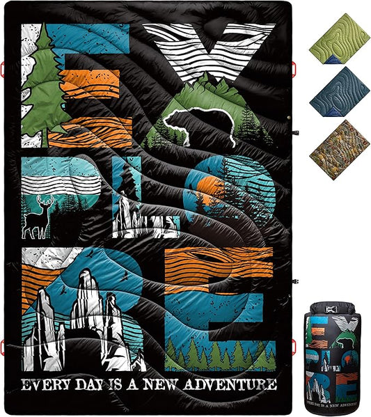 ECOSILK Puffy Blanket for Camping, Traveling, Picnics | Wearable, Waterproof, Lightweight, Packable Outdoor Travel Blanket Airplane w. Stuff Sack for Stadium, Car, Festival | 55 X 79 in