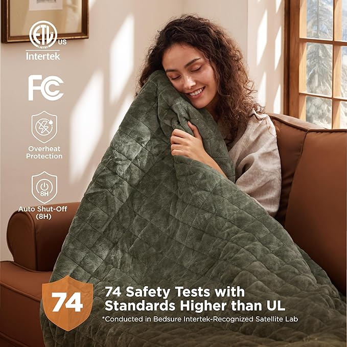 Bedsure Electric Blanket Twin - Quilted Heated Blanket Twin Size, Soft Flannel Thick Heating Blanket with 10 Time Settings & 6 Heat Settings, Warm Gifts for Women Men (62x84 inches, Olive Green)