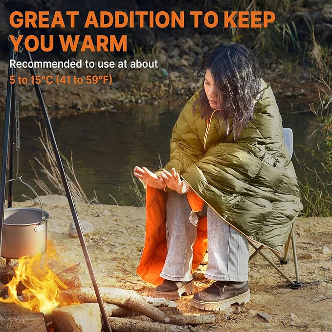 Down Puffy Blanket for 2 Person Car Camping Outdoor Travel Backpacking, 80% Duck Down & 20% Feather Lightweight Portable Soft Warm Cozy Camping Blanket Quilt, Olive Green