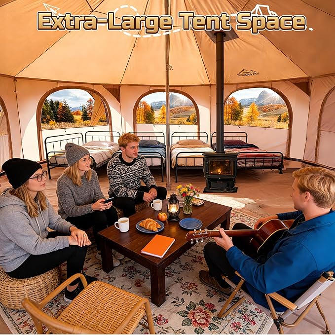 16.5ft Canvas Bell Tent, Large Yurt Tent with Stove Jack for Camping & Glamping, 55" High Walls, Maximum Space, Waterproof 4 Season Hot Tent with 8 Mesh Windows & Removable Floor