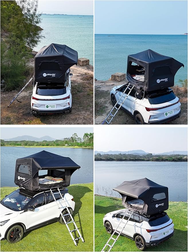 PlayDo Inflatable Rooftop Tent Easy Setup Camping Tent for The Roof of Sedans Pickup Blow Up Roof Top Tents SUV Truck Van Glamping Tent with Porch, Strip Light for 2-3 Person