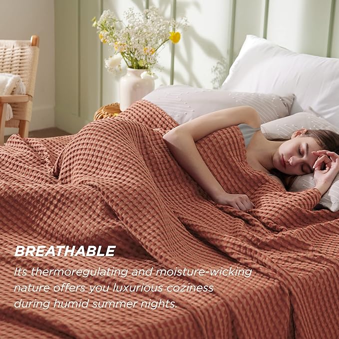 Bedsure Cooling Cotton Waffle King Size Blanket - Lightweight Breathable Blanket of Rayon Derived from Bamboo for Hot Sleepers, Luxury Throws for Bed, Couch and Sofa, Red Orange, 104x90 Inches