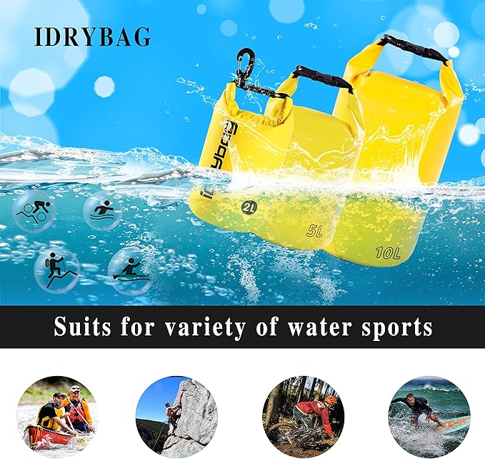 IDRYBAG Dry Bag for Kayaking Waterproof 2L/5L/10L/15L/20L, Small Dry Sack Waterproof Bag for Boating